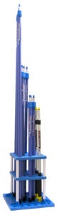 Flow-thru product extension pole display accommodates shut-off valves. Extension pole display accommodates shut-off valves.