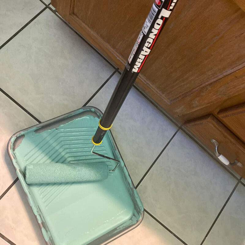 Tele-Roller cover in a paint tray with green paint