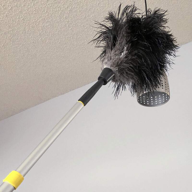 Dusting a light fixture with a feather duster on an extension pole