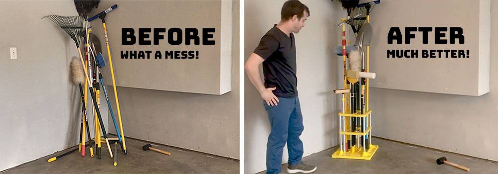 Garden Tool Storage Stand before and after images of a garage