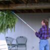 Using Tele-Wash with the flow-thru angle adaptor to water a fern hanging under a wood deck