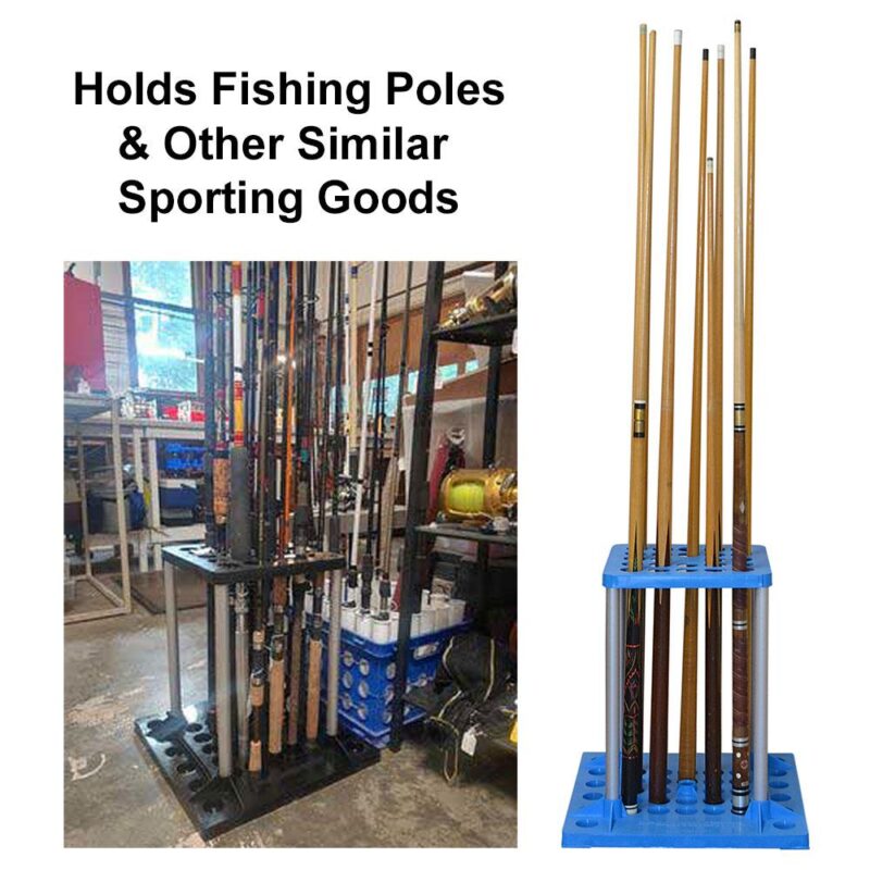 Tool storage rack with fishing poles and pool cues.