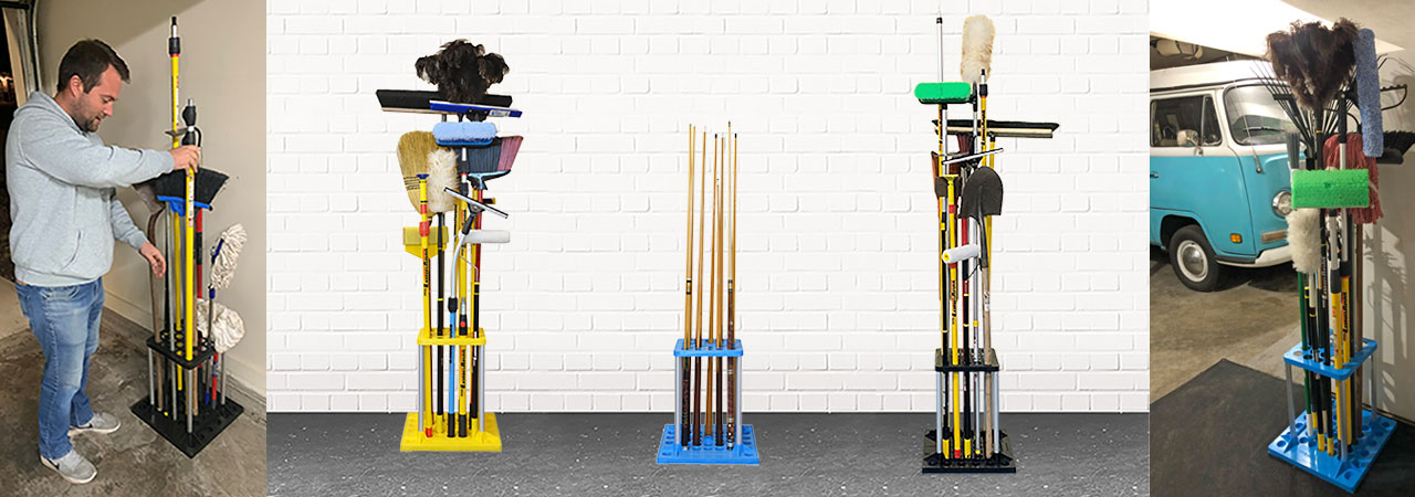 Broom Holder and Tool Storage Rack in three colors.