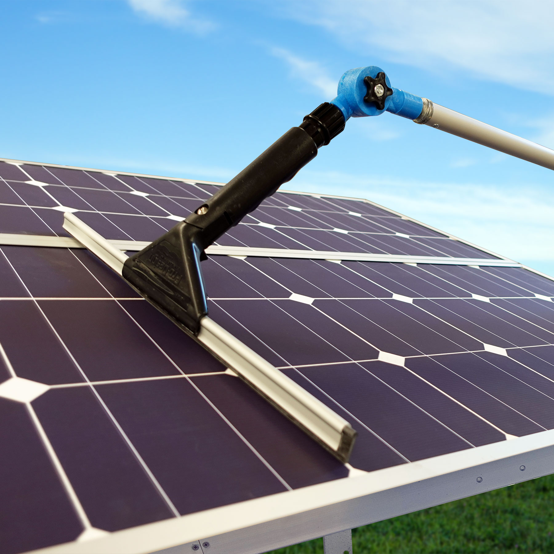 Using the flow-thru angle adapter with the ProDesign squeegee to clean solar panels