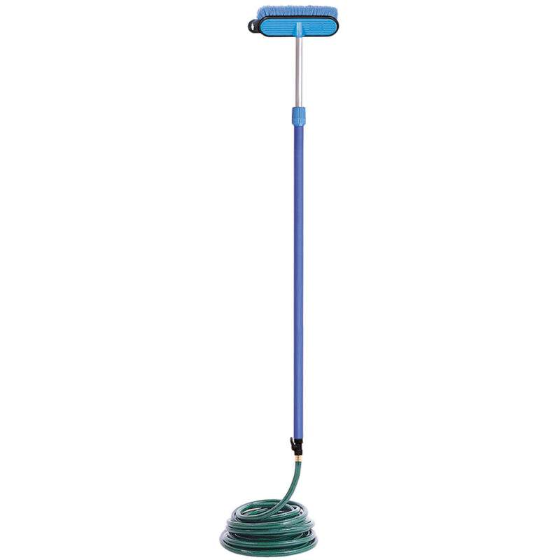 Product shot of HydraSoar 4-8' pole with soft blue brush attached to a garden hose